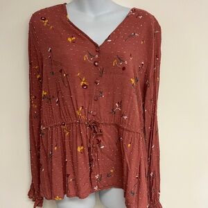 Caslon Boho Floral Button-Down Dusty Rose Swiss Dot Crochet Blouse Sz M
